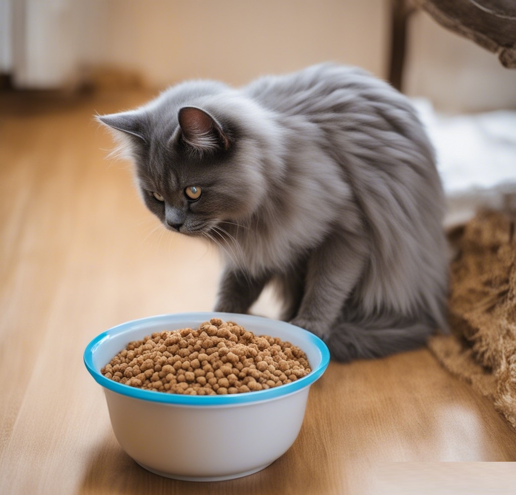 Persian Cat Eating Food in a Bowl