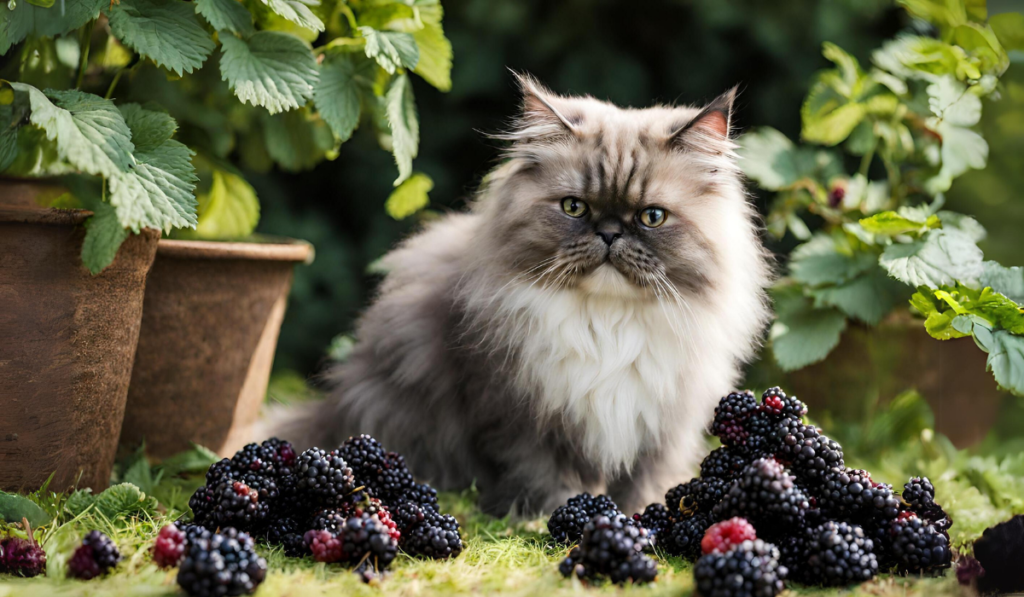 Persian Cat eating Blackberries in a garden