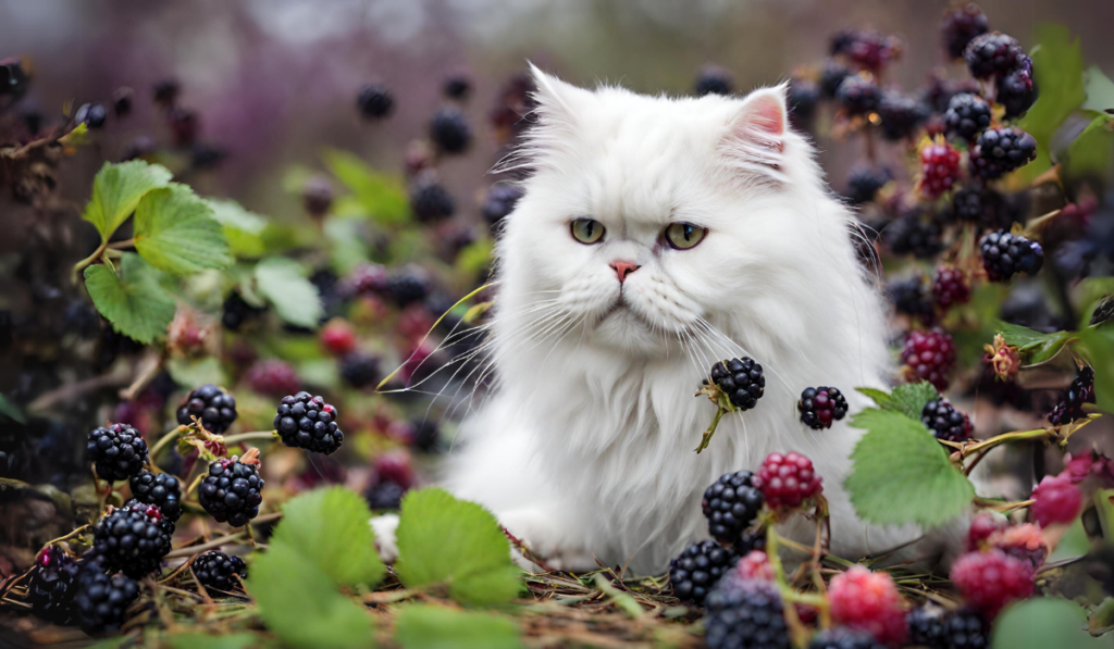Persian Cat eating Blackberries in a garden