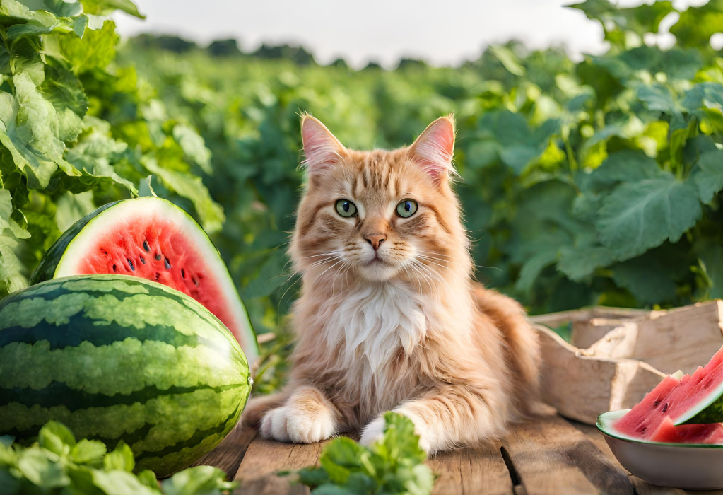 A beautiful cat in a watermelon garden
